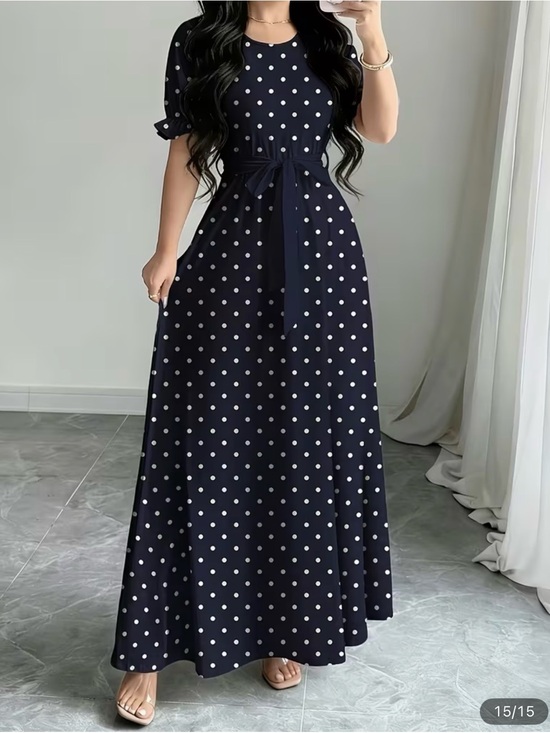 Dresses & Skirts - Polka Dot Navy Maxi Dress with Waist Tie